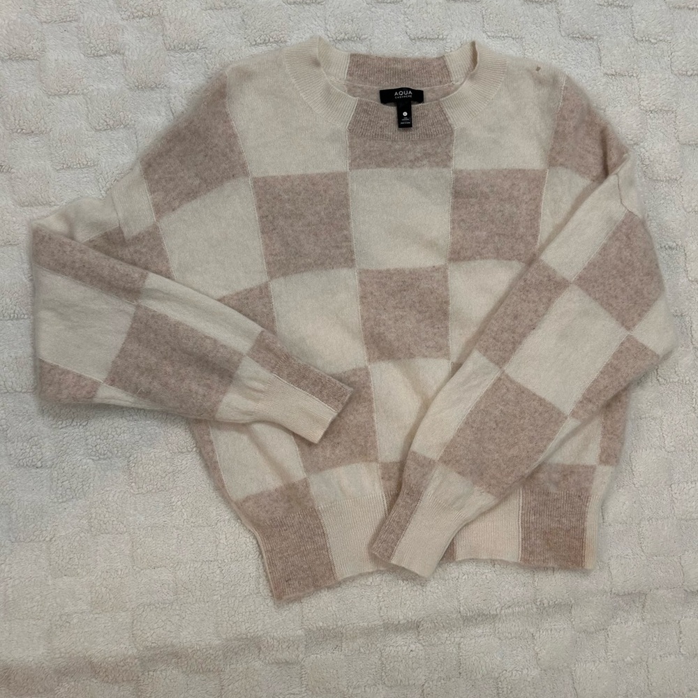 AQUA
CASHMERE  Neutral Checkered Crew Neck Sweater - Picture 2 of 9
